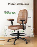 Marsail Ergonomic Drafting Chair for Standing Desk, 330lbs Heavy Duty Tall Office Chair with Adjustable Foot Ring & Flip-Up Arms, Comfort Brown Leather, 3.5" Thick Cushion