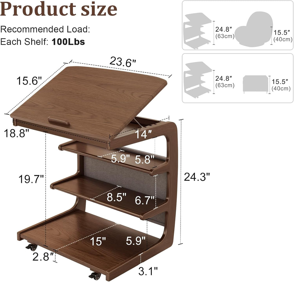 AQIMUELE Rolling Side Table, C Shaped End Table, C Table with 4 Wheels Solid Wood Small Rolling Desk with Adjustable Desktop,C Shaped End Table for Couch,Home Office(15.6" D x 23.6" W x 24.3" H)