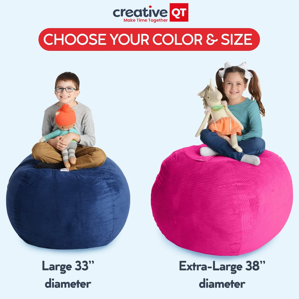 Creative QT Stuff ’n Sit Extra Large 38’’ Bean Bag Storage Cover for Stuffed Animals & Toys, Giant Beanbag Chair for Kids Ages 3-14, Bedroom Organizer, Hot Pink Corduroy