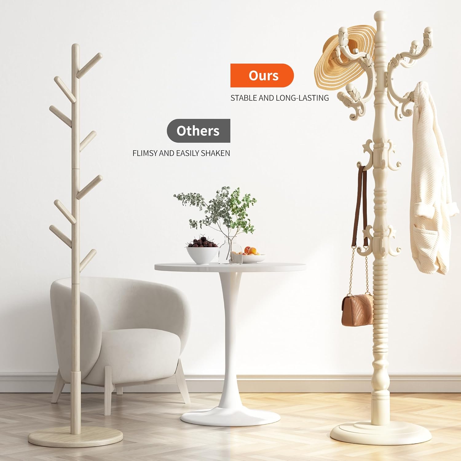 Wood Coat Rack Stand Wooden Coat Rack Freestanding,White | Hall Coat Tree with Sturdy Round Base 14 Hooks for Hat Bag Purses Vintage Coat Tree Hanger Stand for Entryway Hallway Bedroom
