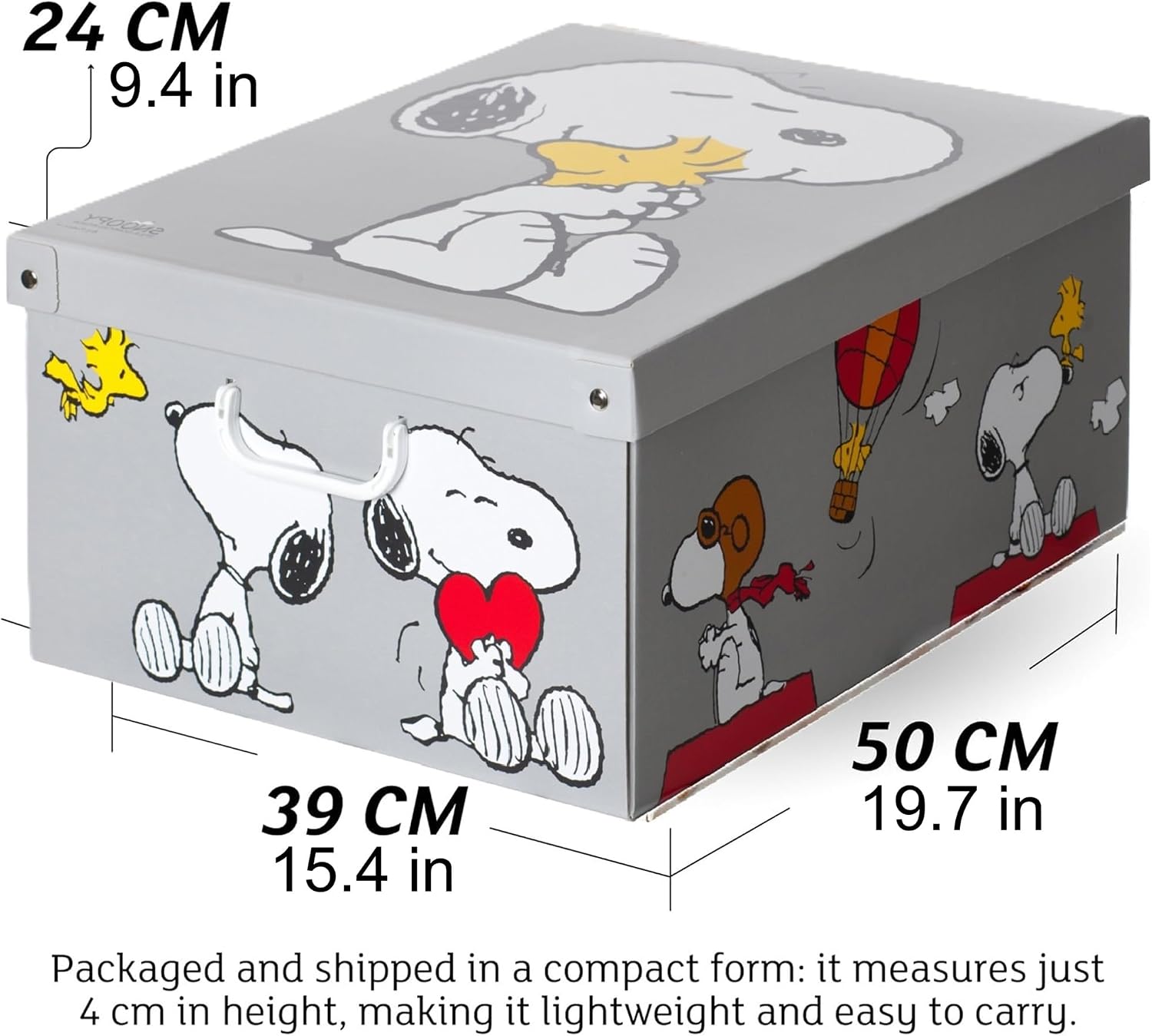 Lavatelli: Storage Box 6 Pack: Large - Snoopy - Grey, Lid & Handles, Decorative Cardboard Organizer, Stack-Fold, Home-Clothes-Toys, 19.7 x 15.4 x 9.4"
