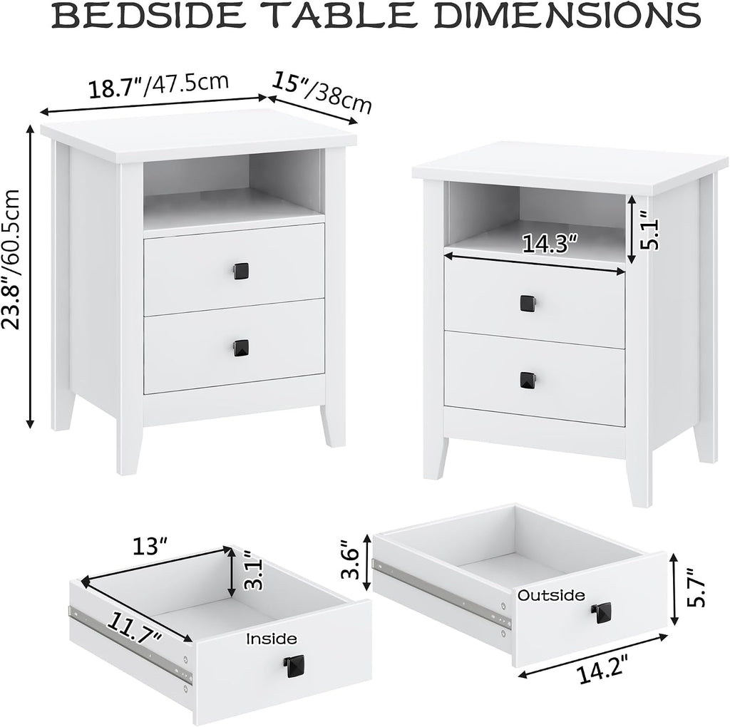JSB Farmhouse Nightstand Set of 2 with 2 Drawers, Open Shelf for Bedroom | Night Stand, End Table,Bed Side, Side Table with Storage for Bedroom Kids Room Living Room, Holds 110 lbs,Sturdy, White