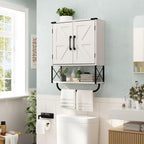 RUSTOWN Farmhouse Medicine Cabinet with 2 Barn Door, Wood Wall Mounted Storage Cabinet with Adjustable Shelf and Towel Bar, 3-Tier Bathroom Cabinet for Bathroom, Living Room(Vintage White, Medium)