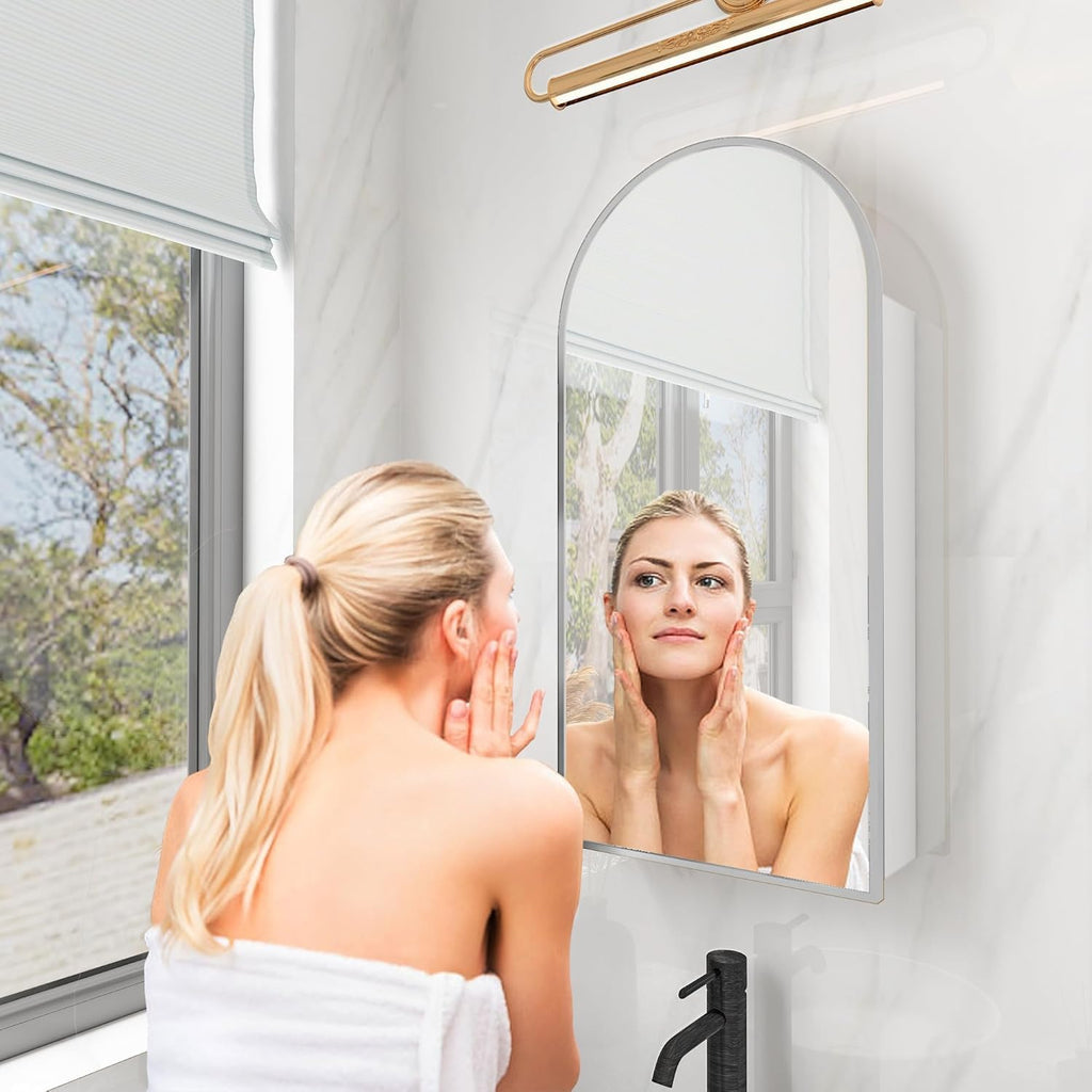 FKWin Arched Medicine Cabinets with Mirror, Bathroom Mirror with Storage, Aluminum Alloy Bathroom Cabinet, Modern Bathroom Wall Cabinet with 3 Adjustable Shelves, Not Recessed, 29.5"x15.7",Silver