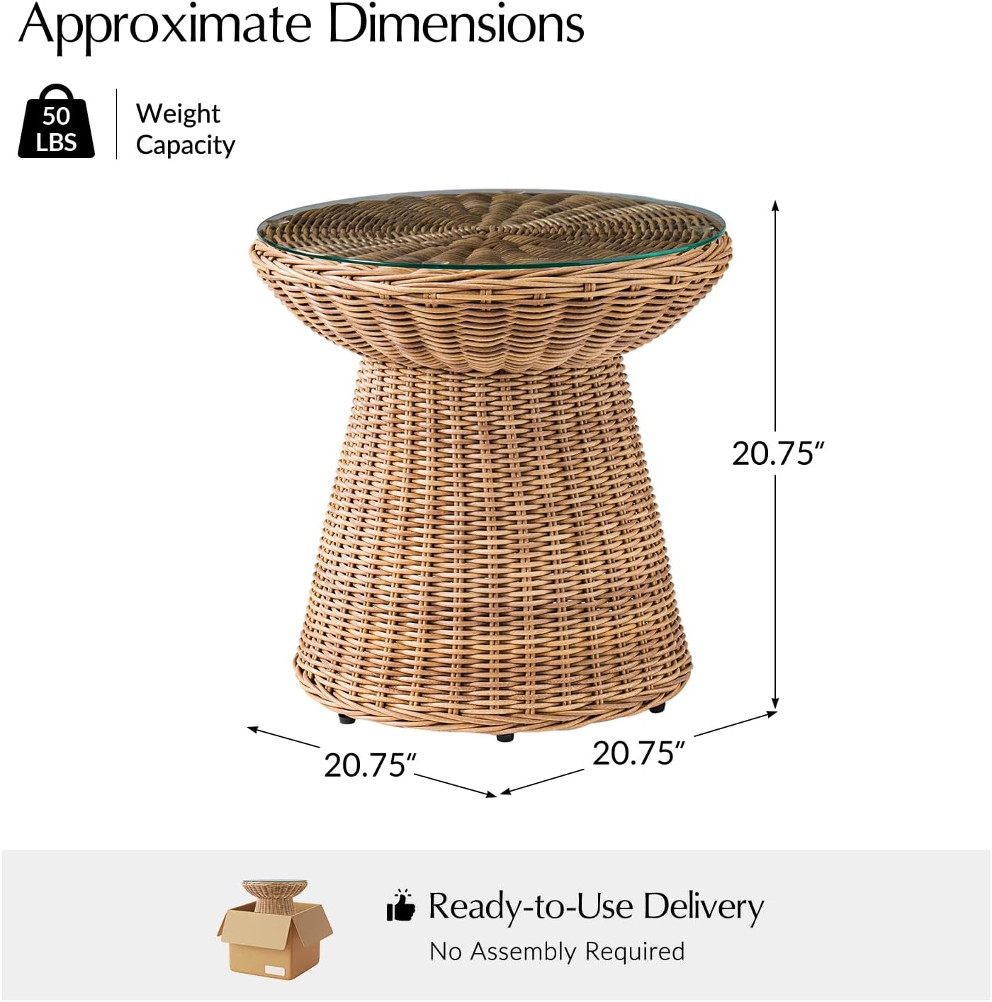 HULALA HOME 20.75" Rattan End Table with Glass Top, Geometric Nightstand for Bedroom, Accent Table with Open Storage for Indoor Outdoor Living Room, No Assembly Required, Natural