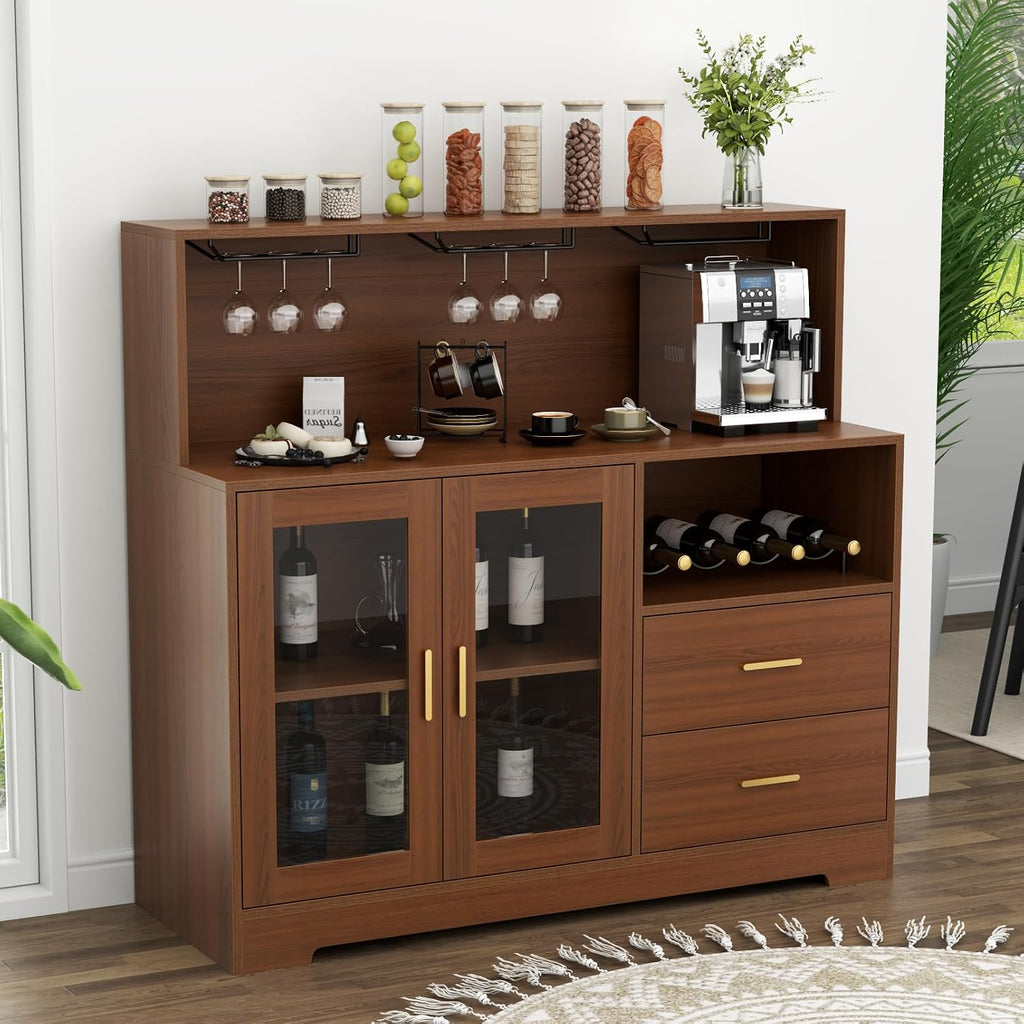 Auromie Wine Bar Cabinet with LED Light, Home Coffee Cabinet with Wine and Glass Rack, Kitchen Buffet Sideboard with Storage Cabinet&Drawers, Modern Liquor Cabinet for Living Room Dining Room (Brown)