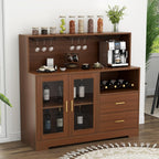 Auromie Wine Bar Cabinet with LED Light, Home Coffee Cabinet with Wine and Glass Rack, Kitchen Buffet Sideboard with Storage Cabinet&Drawers, Modern Liquor Cabinet for Living Room Dining Room (Brown)