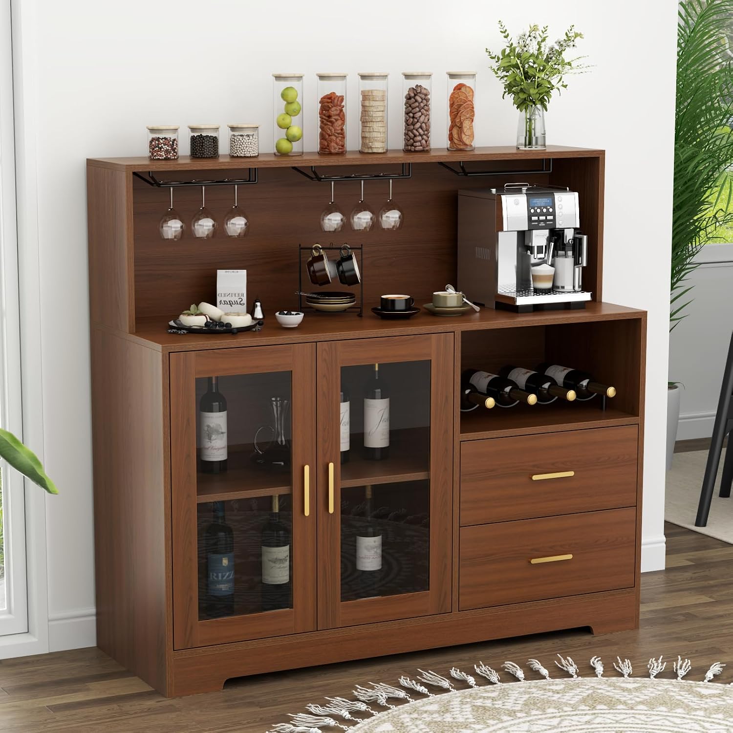 Auromie Wine Bar Cabinet with LED Light, Home Coffee Cabinet with Wine and Glass Rack, Kitchen Buffet Sideboard with Storage Cabinet&Drawers, Modern Liquor Cabinet for Living Room Dining Room (Brown)