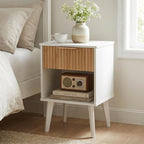 MAHANCRIS White Fluted Nightstand, Modern Bedside Table with Drawer and Opening Storage, Night Stand with Wood Legs, End Table Side Table for Living Room, Bedroom, Small Space, Natural ETBN6201