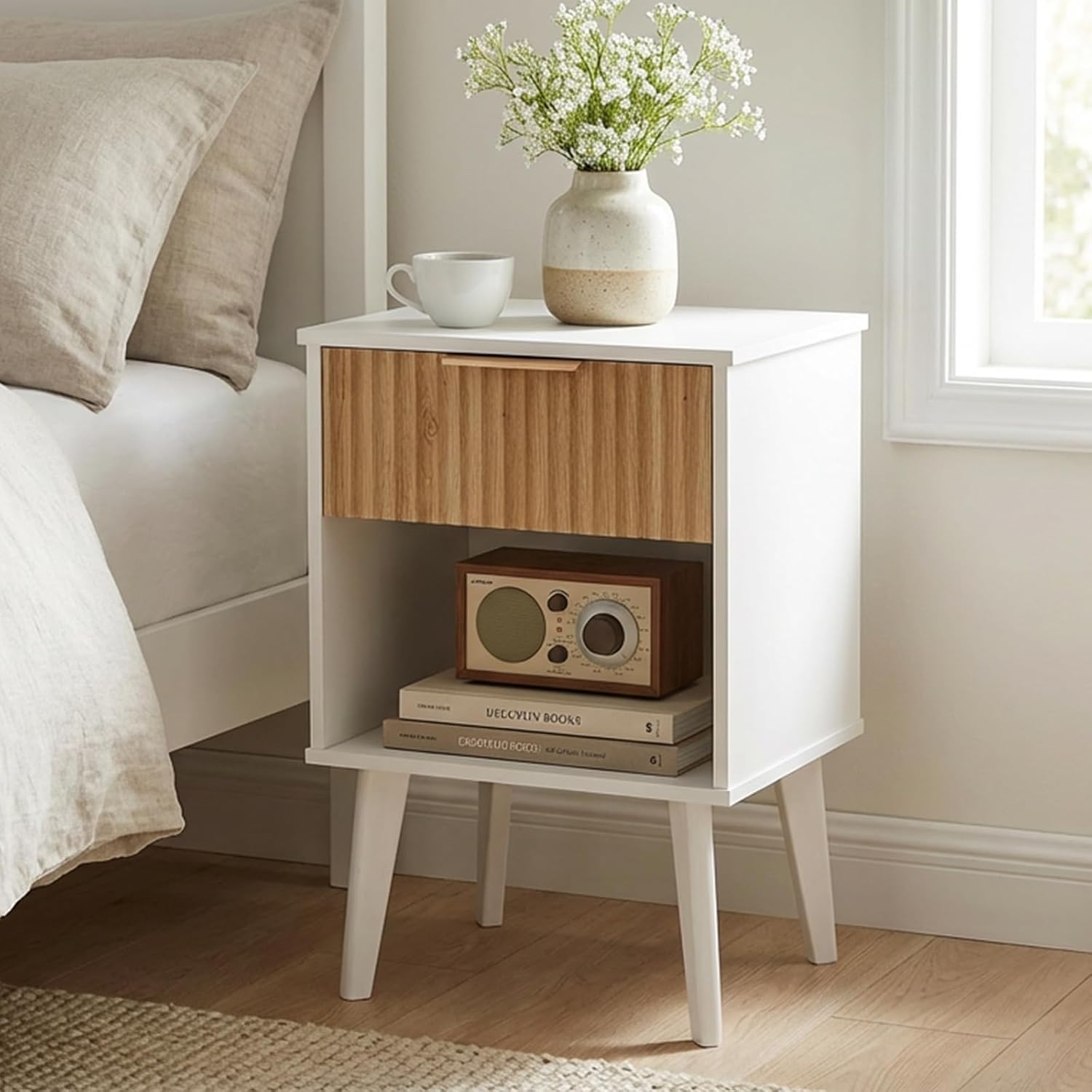 MAHANCRIS White Fluted Nightstand, Modern Bedside Table with Drawer and Opening Storage, Night Stand with Wood Legs, End Table Side Table for Living Room, Bedroom, Small Space, Natural ETBN6201