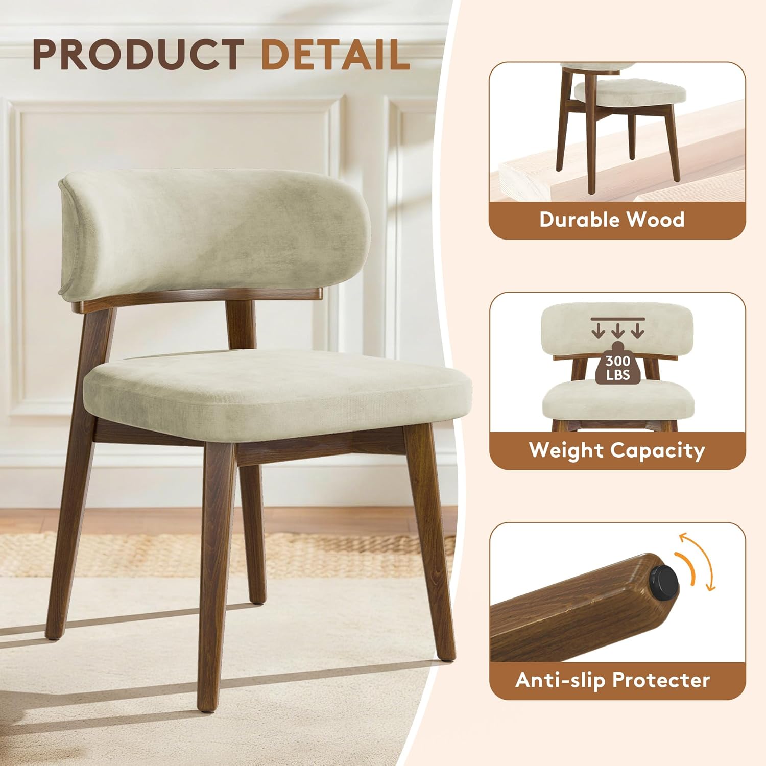 Dining Chairs Set of 4, Modern Upholstered Dining Chairs, Wooden Kitchen Chairs for Dining Room with Ergonomic Curved Backrest