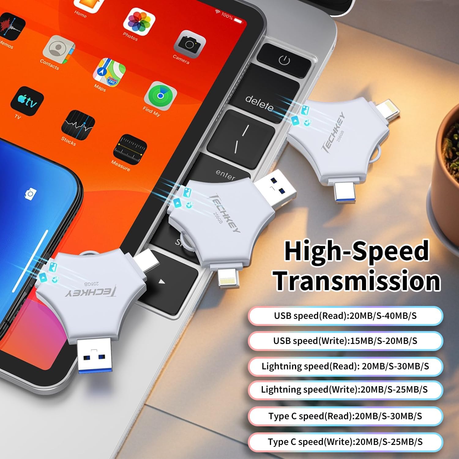 USB Flash Drive for iPhone/iPad, MFi Certified 3in1, 256GB, Silver | External Memory Photo Storge Keeper, Type c/USB 3.0 High Speed, Compatible with Android/PC, Picture/Video/Data Backup
