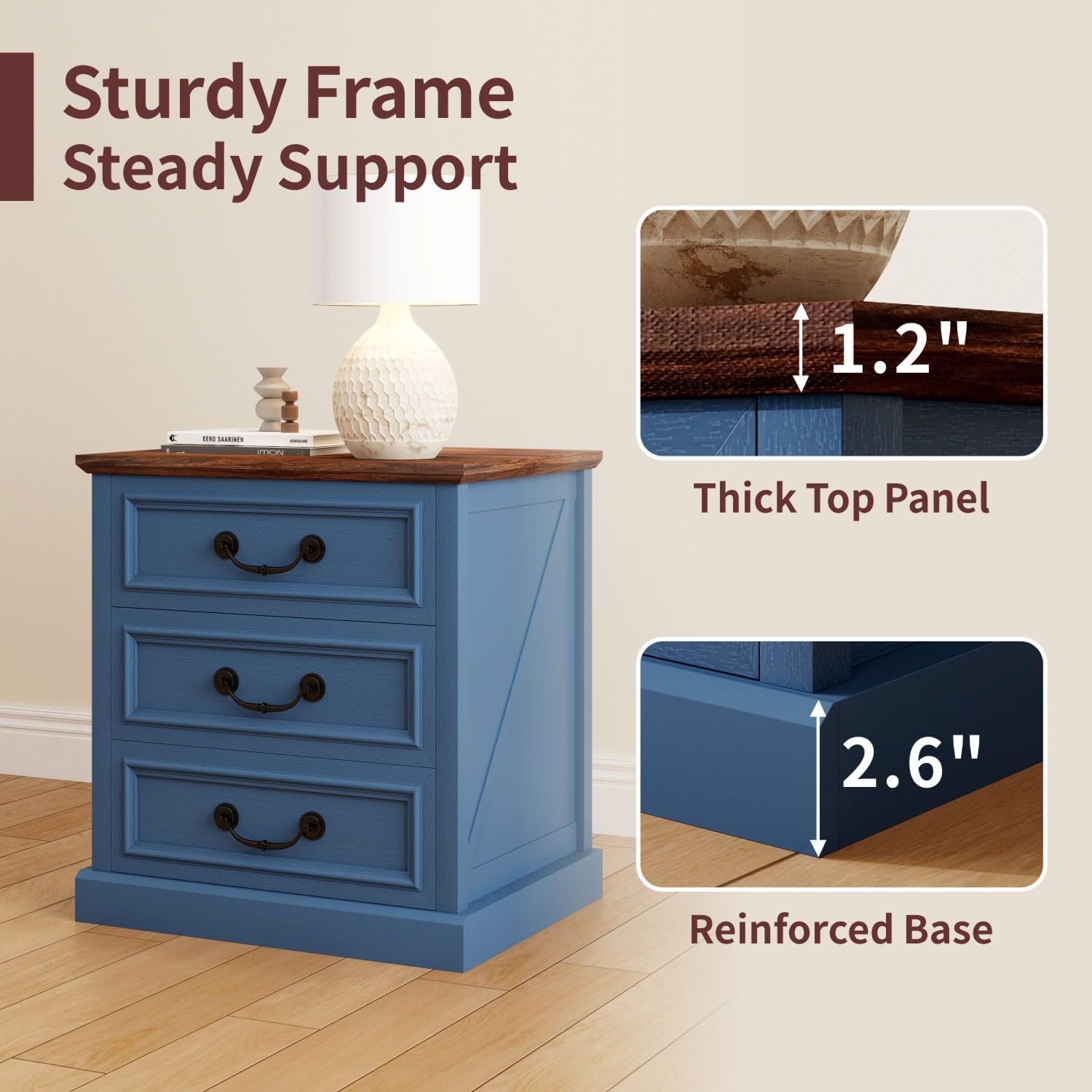Vipbear Nightstand with Charging Station Set of 2, 22.4" Wide Farmhouse End Table, 3 Drawers for Bedroom, Wood Bedside Table with USB-C & AC Outlets, Side Tables for Living Room, Blue