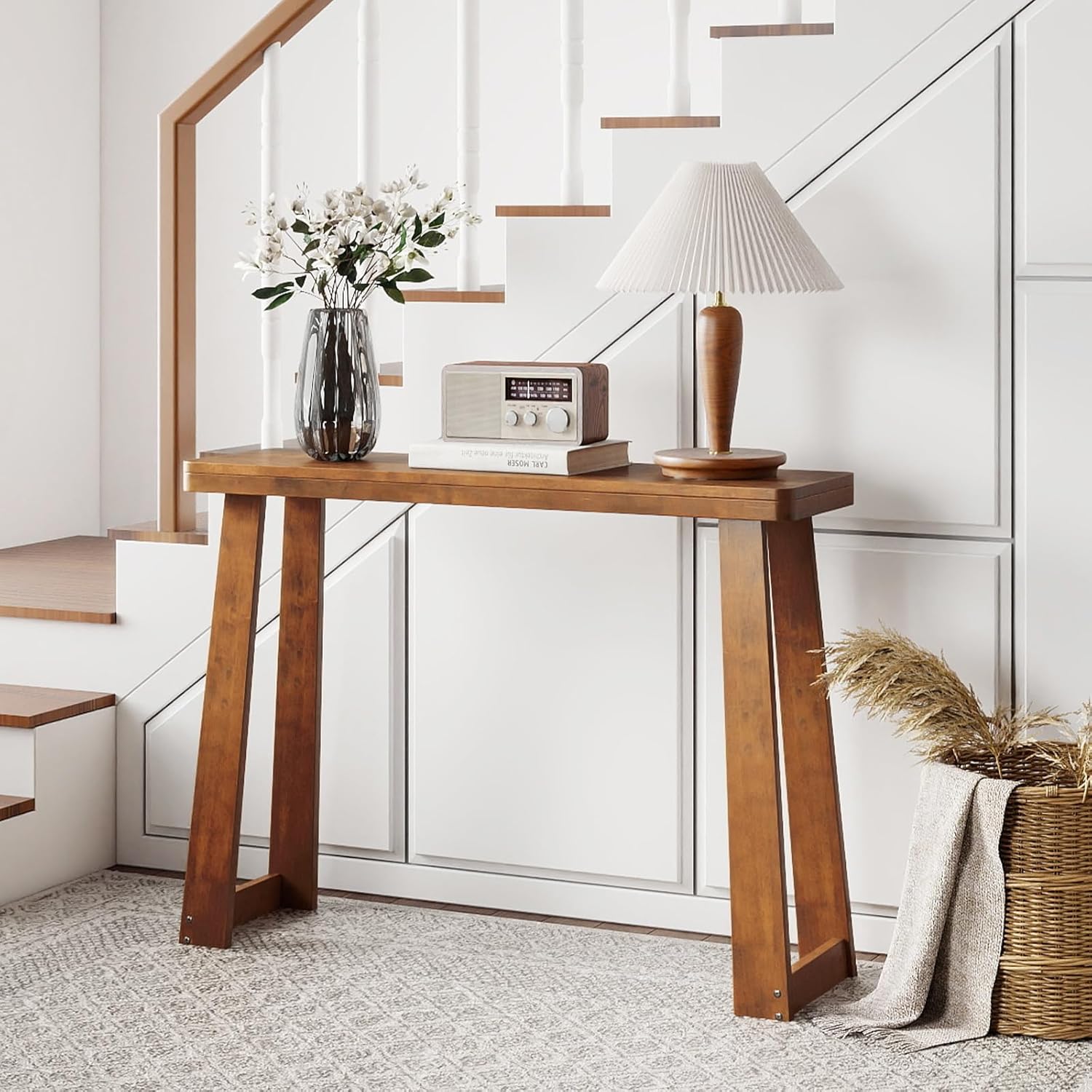 Giantex Narrow Long Console Table, 43" Modern Entryway Table Behind the Couch, Rubberwood Accent Sofa Tables for Living Room, Foyer, Hallway, Bedroom, Entrance (Walnut)