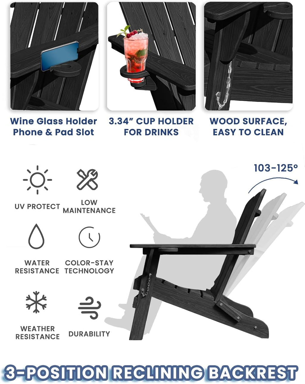 Folding Adirondack Chair with Cup Holder, Adjustable Back Plastic Patio Chairs for All Weather, HDPE Fire Pit Chair, Outdoor Lawn Chairs for Deck, Porch, Backyard, Garden, Black