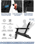 Folding Adirondack Chair with Cup Holder, Adjustable Back Plastic Patio Chairs for All Weather, HDPE Fire Pit Chair, Outdoor Lawn Chairs for Deck, Porch, Backyard, Garden, Black