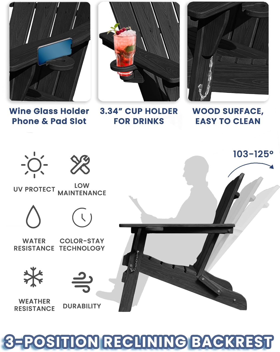 Folding Adirondack Chair with Cup Holder, Adjustable Back Plastic Patio Chairs for All Weather, HDPE Fire Pit Chair, Outdoor Lawn Chairs for Deck, Porch, Backyard, Garden, Black