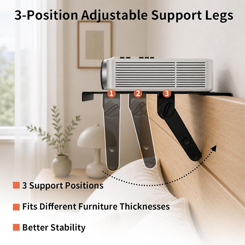 Projector Shelf, No Drill Projector Mount for Bed Frame & Sofa, 12x9.5 Inch, Movable with Wall Mount Option for Projector Shelf