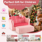 HONEY JOY Pink Toddler Couch, Comfy Chair w/Ottoman, Cute Bow, Lightweight Playroom Furniture w/Velvet Cover & Wooden Frame, Princess Style Loveseat for Bedroom, Kids Sofa for Girls Boys