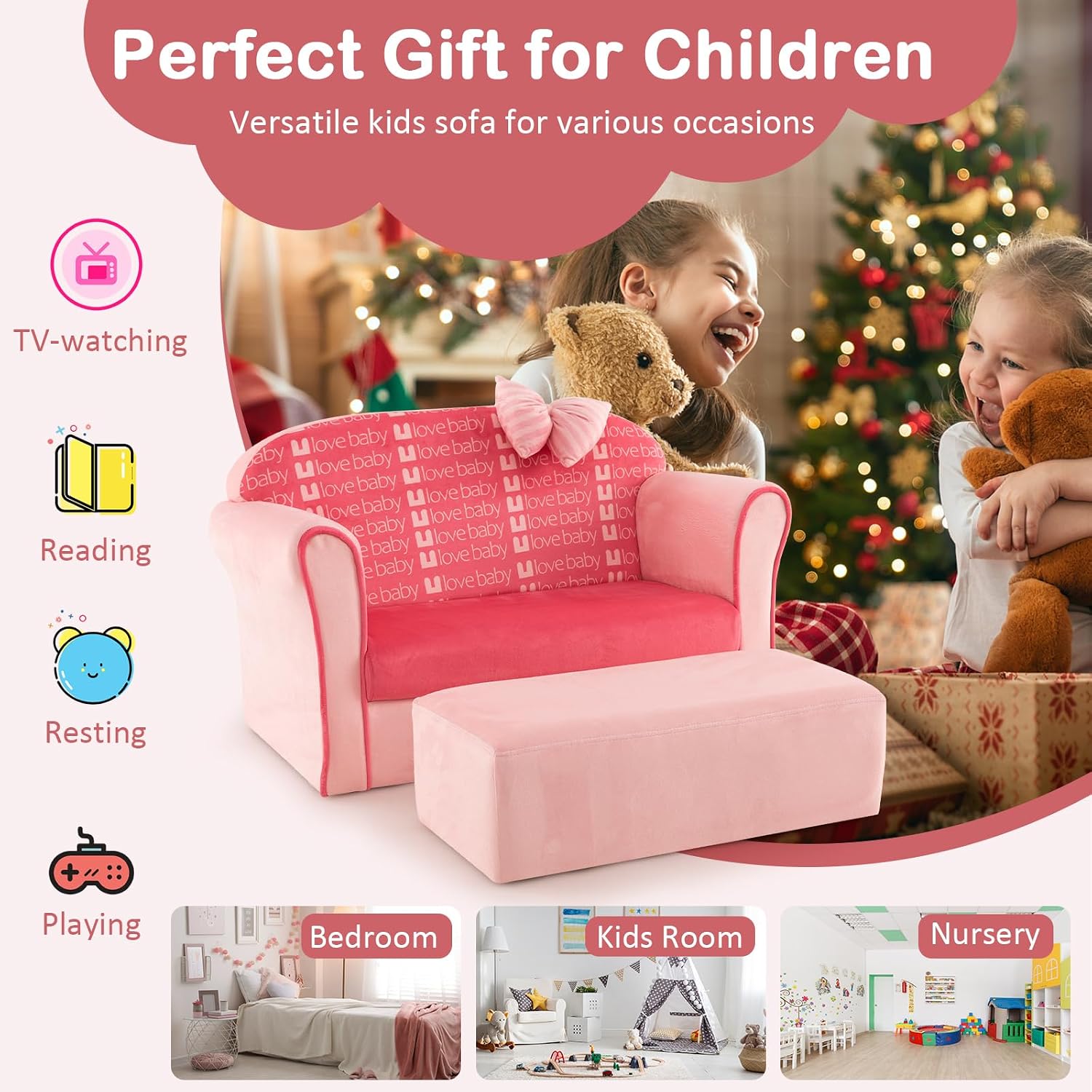 HONEY JOY Pink Toddler Couch, Comfy Chair w/Ottoman, Cute Bow, Lightweight Playroom Furniture w/Velvet Cover & Wooden Frame, Princess Style Loveseat for Bedroom, Kids Sofa for Girls Boys