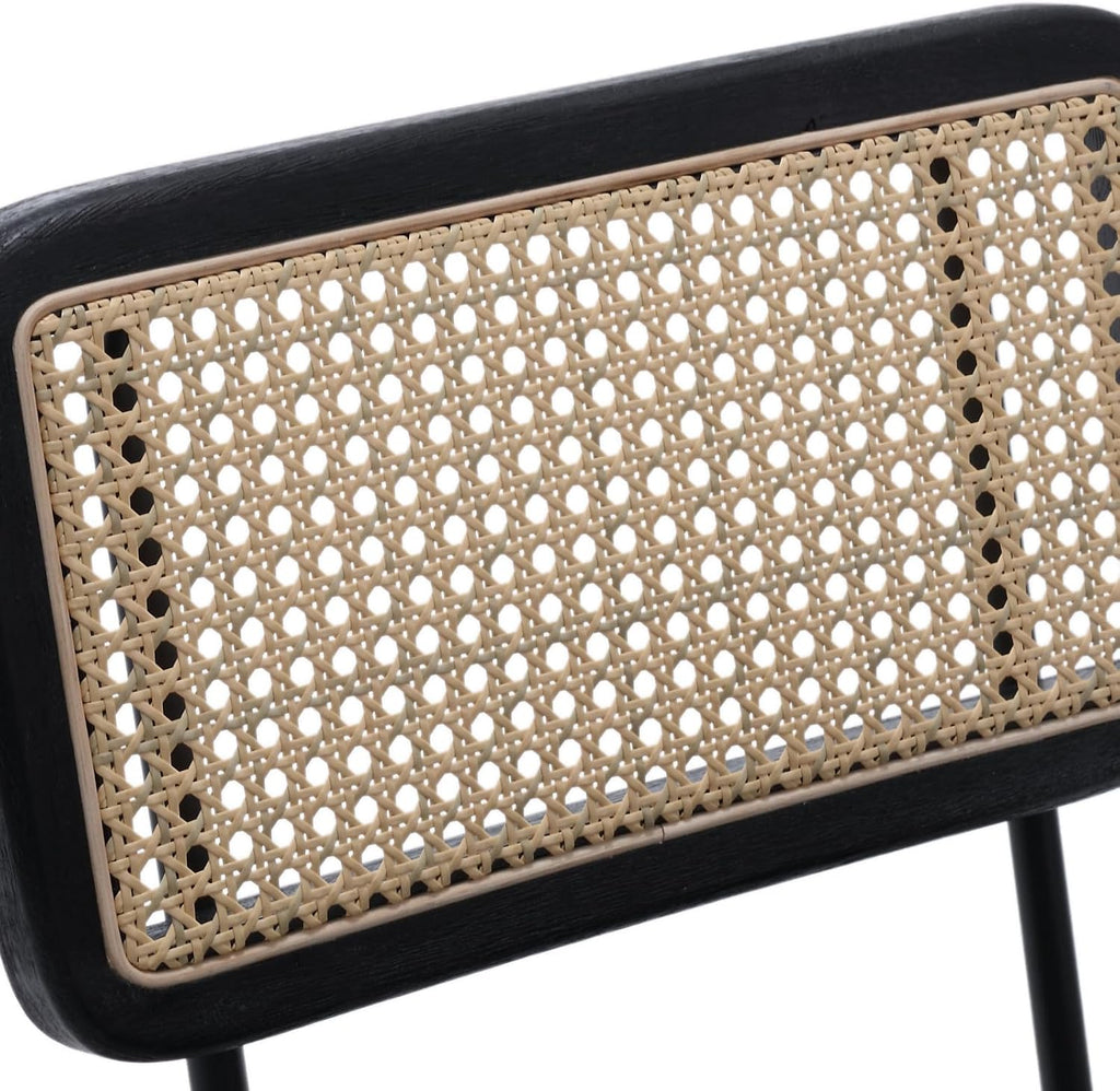 Rattan Woven Back Dining Chairs Set of 4, Black Sherpa Upholstered Kitchen Dining Room Chairs with Metal Legs