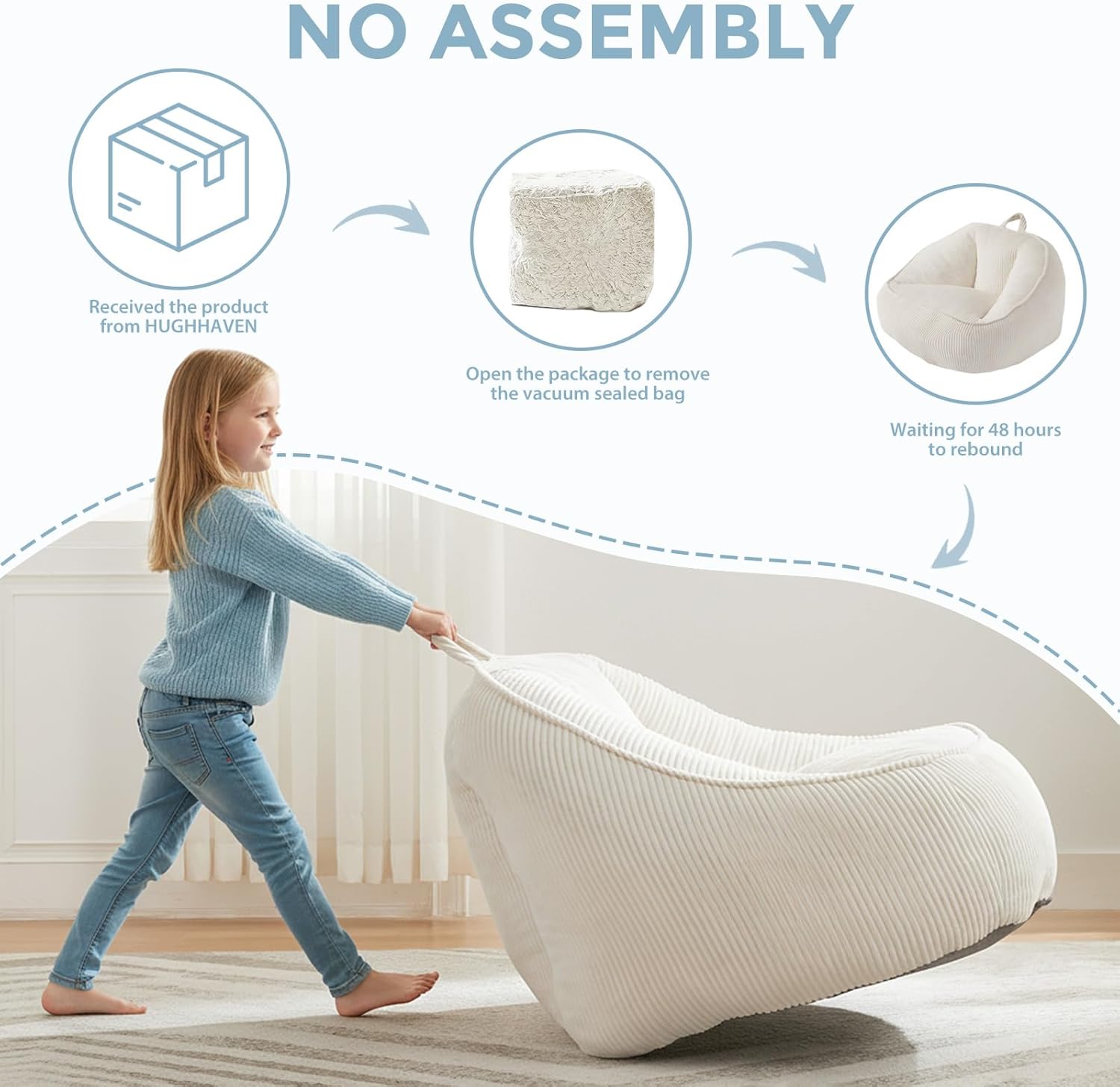 HUGHEAVEN Bean Bag Chairs for Kids, Toddler Bean Bag Chair, Comfy Cozy Reading Chair & Stuffed Toddler Floor Sofa, Soft Beanbag Chairs for Boys and Girls, Lazy Floor Seat for Gaming and Reading, Beige