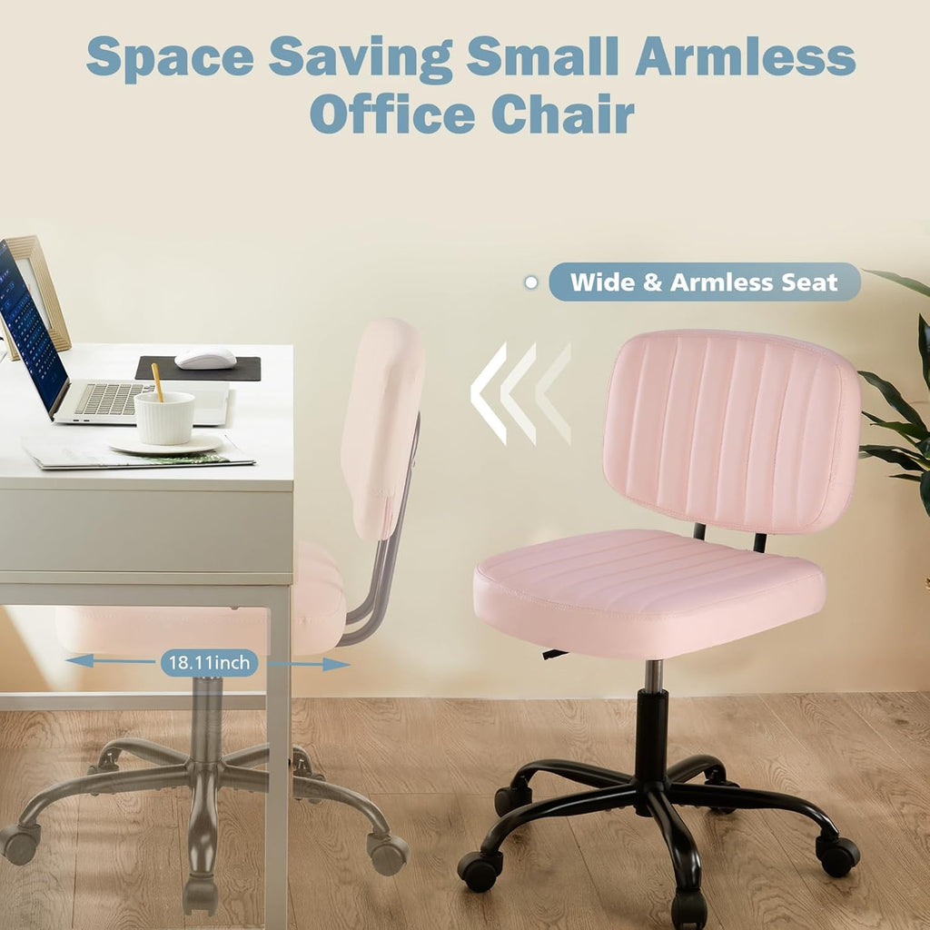 DUMOS Armless Home Office Executive Chair - Small Desk Chair with Low Back Lumbar Support, Height Adjustable PU Leather Computer Task Chair with 360° Swivel Wheels, for Adults, Pink