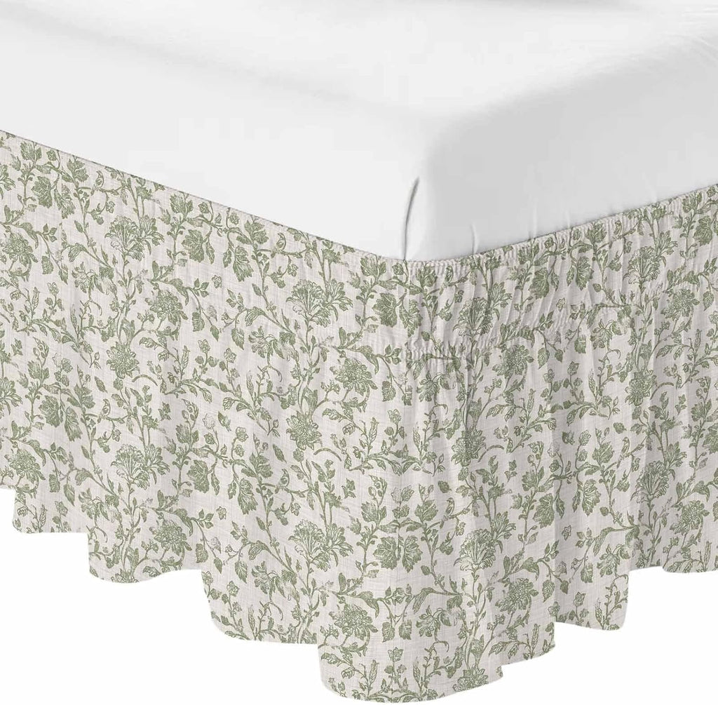 Farmhouse Sage Green Bed Skirt for Queen Size Bed 18" Drop,Dust Ruffle Wrap Around Bedskirt with Elastic Strap,Vintage Flower Leaf Botanical Adjustable Easy Fitting Pleated Bed Frame Cover