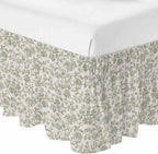 Farmhouse Sage Green Bed Skirt for Queen Size Bed 18" Drop,Dust Ruffle Wrap Around Bedskirt with Elastic Strap,Vintage Flower Leaf Botanical Adjustable Easy Fitting Pleated Bed Frame Cover