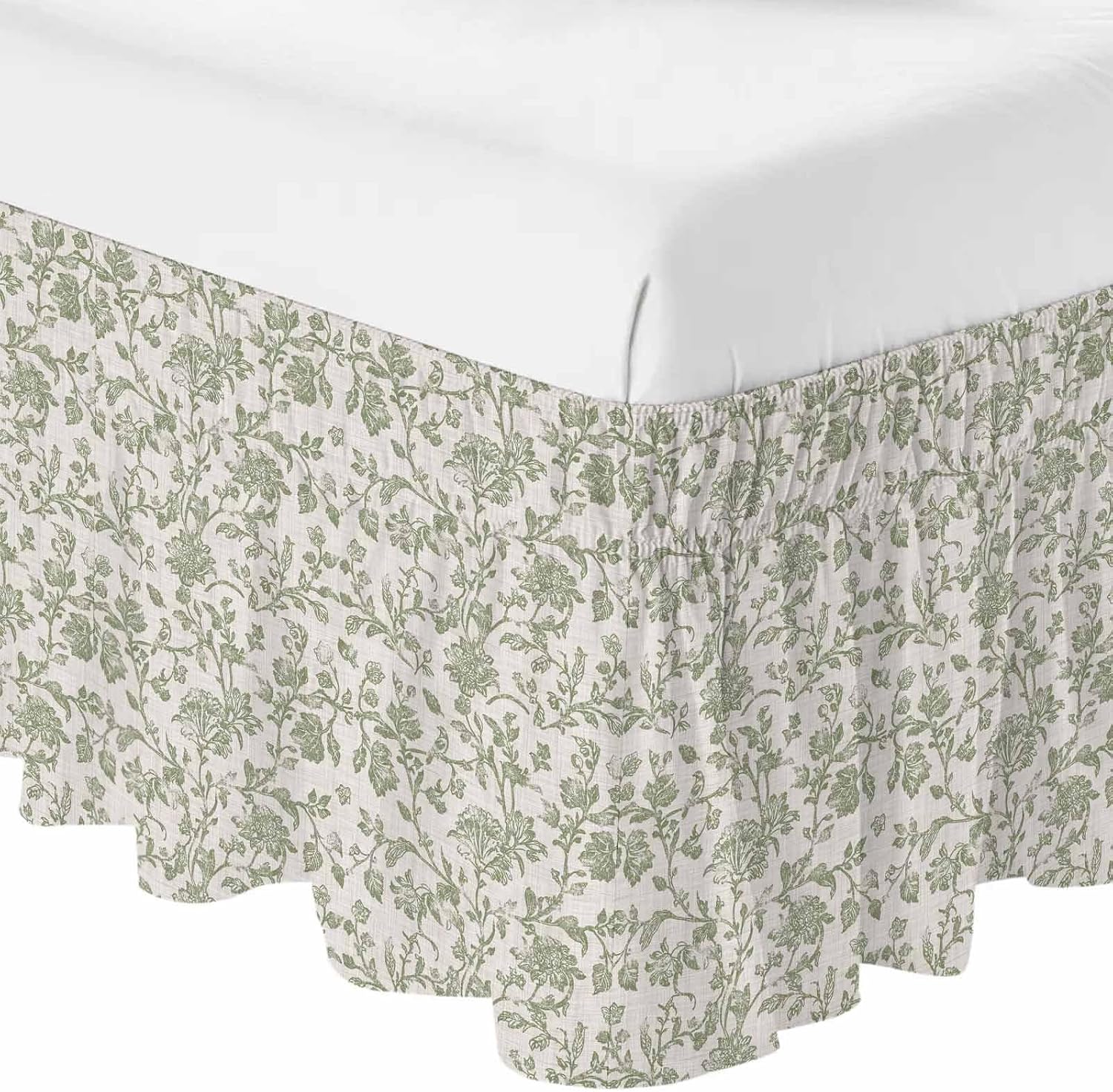 Farmhouse Sage Green Bed Skirt for Queen Size Bed 18" Drop,Dust Ruffle Wrap Around Bedskirt with Elastic Strap,Vintage Flower Leaf Botanical Adjustable Easy Fitting Pleated Bed Frame Cover