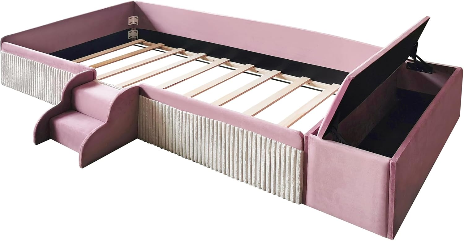 Twin Size Velvet Upholstered Floor Daybed with Stairs, Gas Lift Storage Ottoman and Padded Guardrails for Kids (Pink+White, Twin)