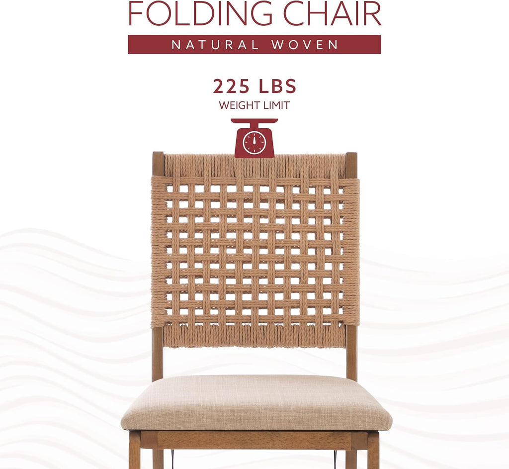 Linon Bennett Natural Folding Chair with Woven Rope Back and Linen Upholstered Seat Set of 2
