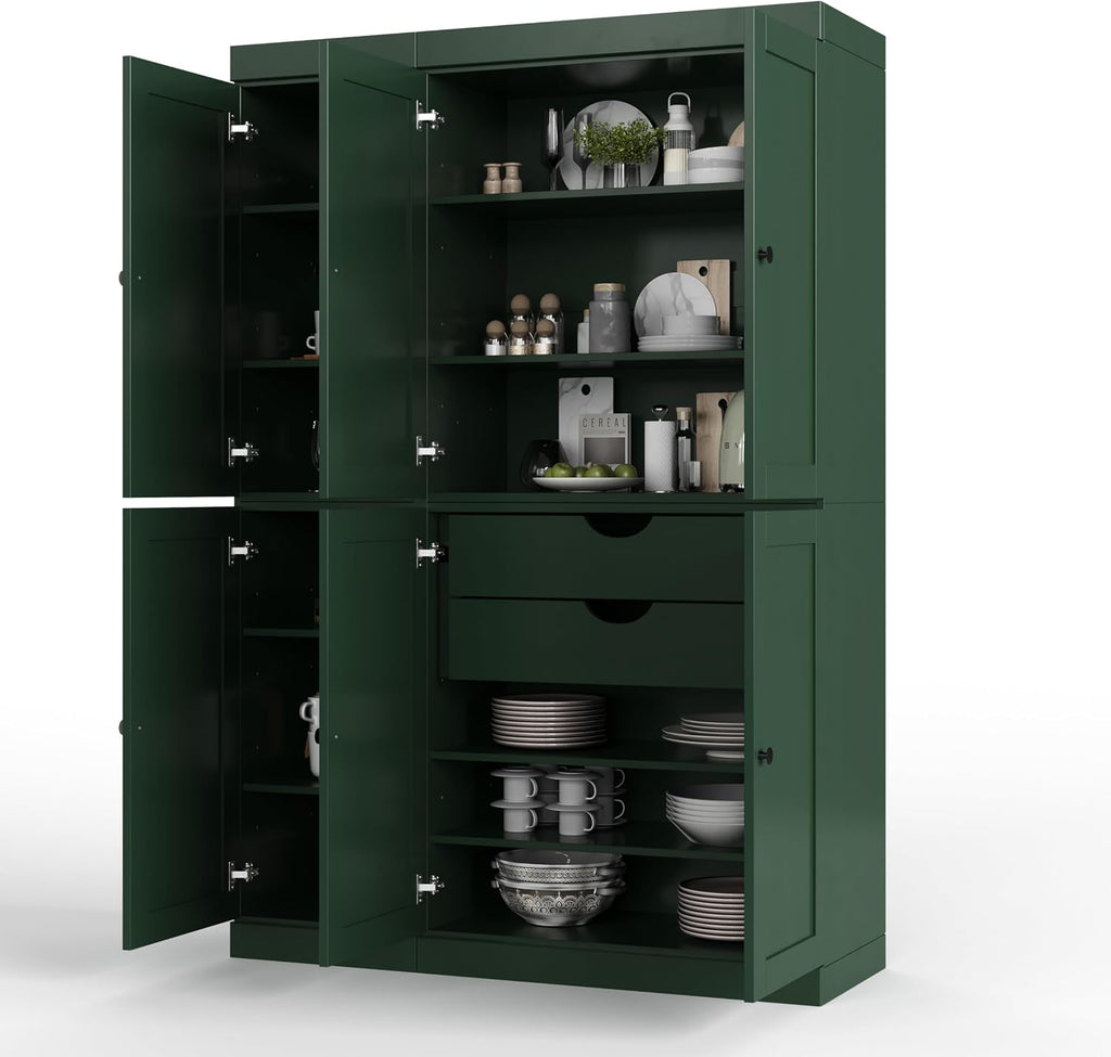 Palace Imports Solid Wood Kitchen Pantry Cabinet 71.5" Tall, 48.5" Wide – Storage Cabinet w/ 6 Shaker Doors, 2 Drawers & 8 Adjustable Shelves – Green, Renewable Eco-Friendly 100% Wood, Made in Brazil