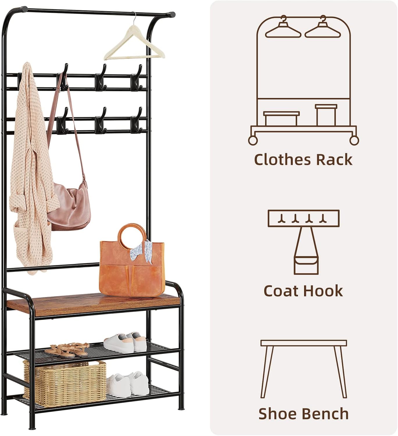 Amyove Coat Rack Shoe Bench, 3-in-1 Hall Tree Shoe Rack for Entryway, 3-Tier Storage Shelf and 8 Hooks Removable, Industrial Accent Furniture with Steel Frame, Multifunctional Hallway Organizer