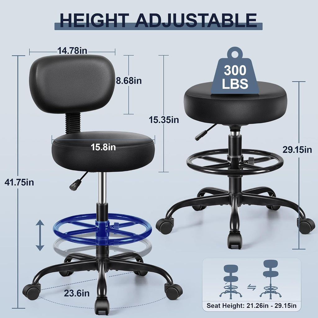 Brick Attic Drafting Chair with Backrest – Adjustable Foot Rest Rolling Stool with Wheels, PU Leather Swivel Stool for Office Spa Studio Lab Counter Salon Home Work Bar Kitchen Shop(Black)