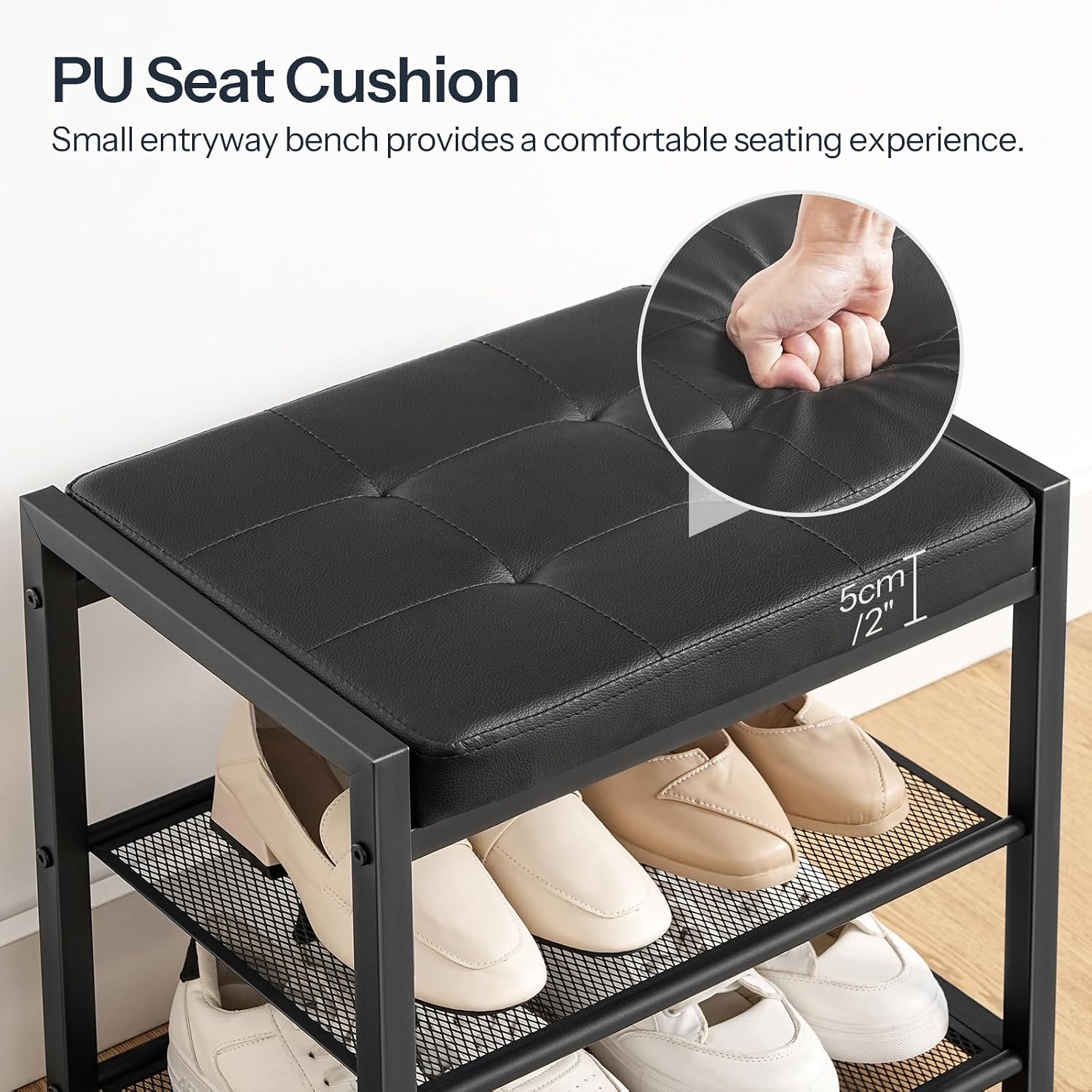 HOOBRO Small Shoe Bench, 3-Tier Shoe Rack, Shoe Storage Bench with PU Seat Cushion, Entryway Shoe Rack Bench with Metal Mesh Shelves, Freestanding Shoe Organizer for Hallway, Black BB33HX01