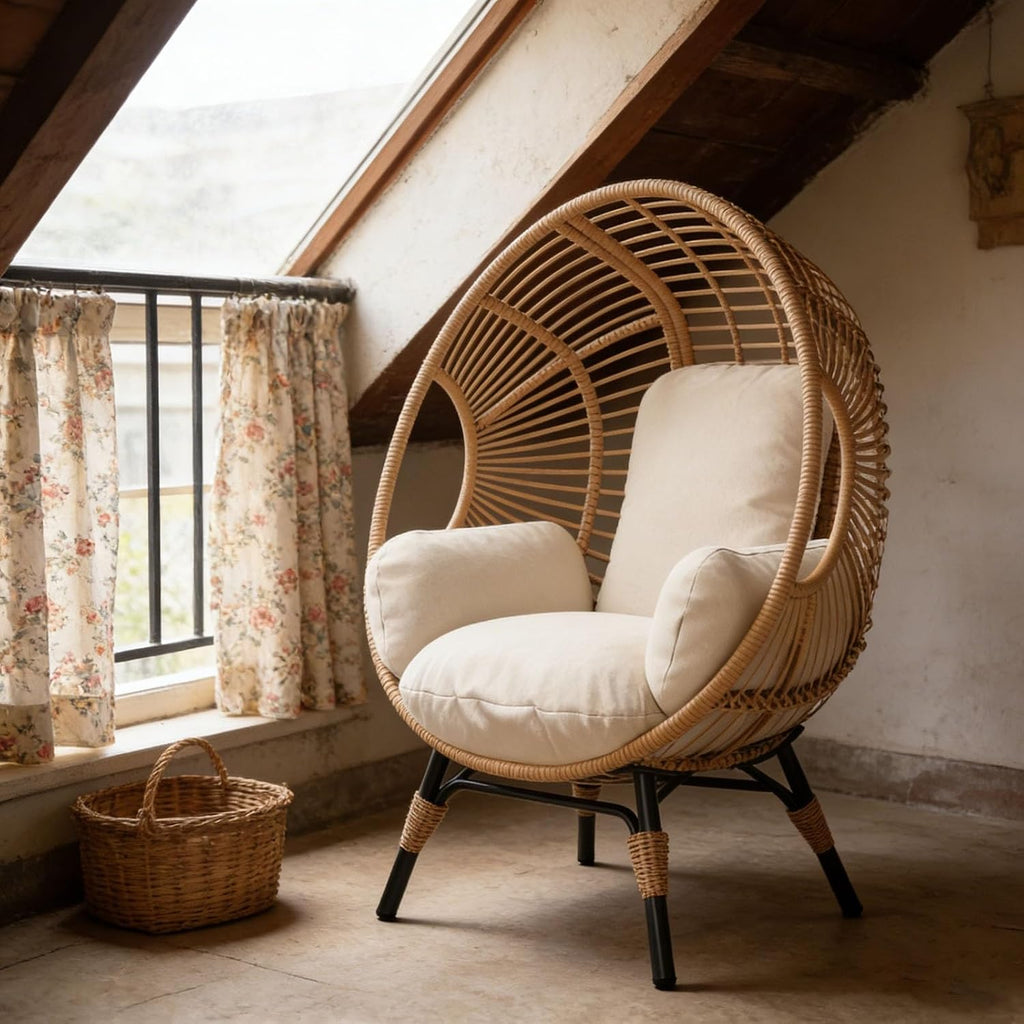 Wicker Chair Egg Shape, Indoor Outdoor, 400lbs Capacity, 8-Inch Cushion Balcony Chairs(Natural)