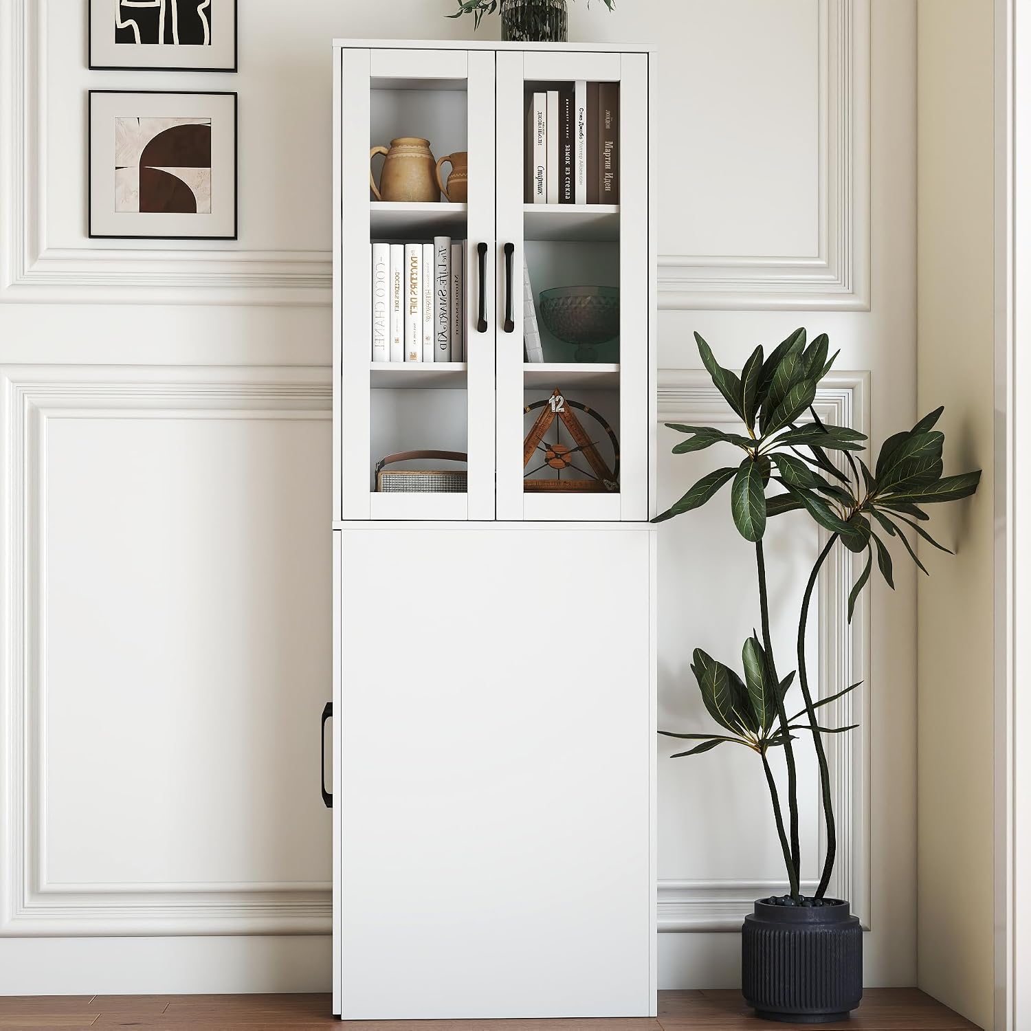 70.87" H Slim Display Storage Cabinet with 4 Tier Multi-Functional Pull-Out Shelves, Narrow Bookcase with 2 Glass Doors, Space Saving Storage Organizer for Kitchen Living Room Bathroom, White