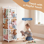 DUMOS Stuffed Animal Storage, 54In Large Stuffed Animal Holder, Plushies Storage with Solid Wood Base&Elastic Cord, Space Save Zoo Toy Organizers for Playroom Bedroom Nursery White