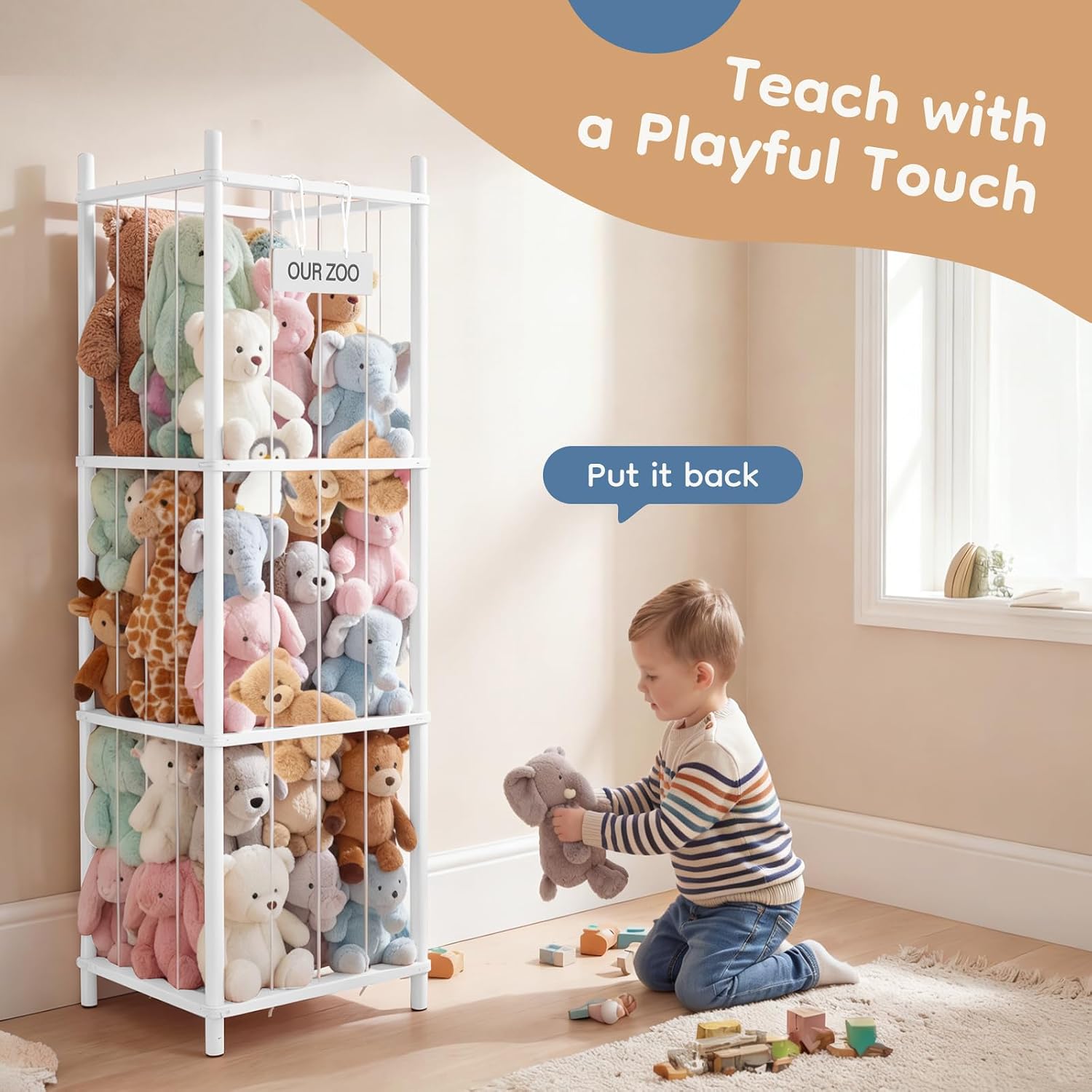 DUMOS Stuffed Animal Storage, 54In Large Stuffed Animal Holder, Plushies Storage with Solid Wood Base&Elastic Cord, Space Save Zoo Toy Organizers for Playroom Bedroom Nursery White