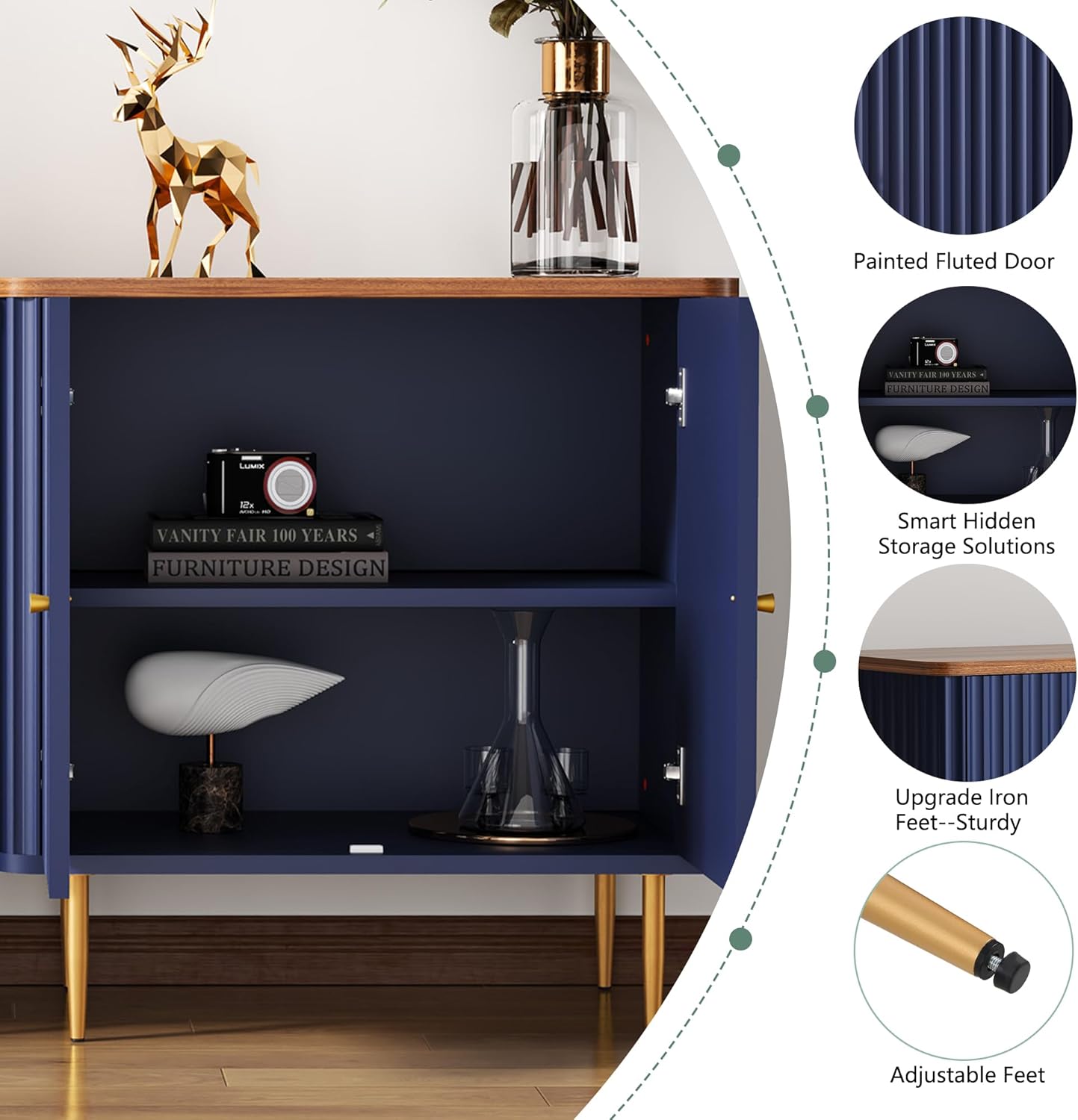 HLR Sideboard Buffet Cabinet with Fluted Texture, White Accent Cabinet with 2 Doors, Modern Credenza Storage for Kitchen Living Room, Entryway (Blue, 2Piece)