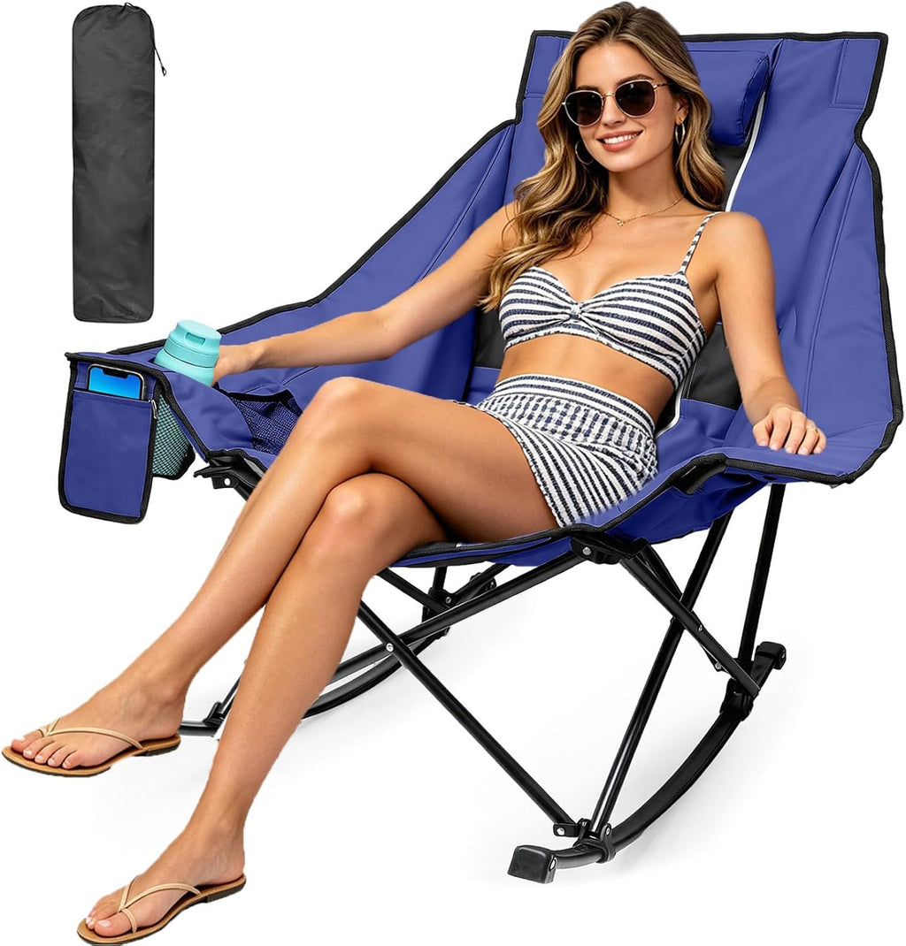 ZENPETIO Oversized Rocking Camping Chair Portable Outdoor Folding Rocker with Padded Headrest and Carry Bag, Heavy Duty Rocker Chair for Camping, Lawn and Patio, Supports 400 lbs, Blue Black