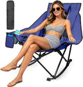 ZENPETIO Oversized Rocking Camping Chair Portable Outdoor Folding Rocker with Padded Headrest and Carry Bag, Heavy Duty Rocker Chair for Camping, Lawn and Patio, Supports 400 lbs, Blue Black