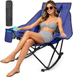 ZENPETIO Oversized Rocking Camping Chair Portable Outdoor Folding Rocker with Padded Headrest and Carry Bag, Heavy Duty Rocker Chair for Camping, Lawn and Patio, Supports 400 lbs, Blue Black