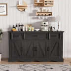 56" Buffet Cabinet Sideboard with Storage: Built-in Charging Station, Farmhouse Wood Coffee Wine Bar, Furniture with Drawers and Doors for Kitchen, Dining Room, Living Room, Black