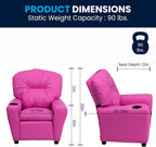 Flash Furniture Chandler Vinyl Kids Recliner with Cup Holder and Safety Recline, Contemporary Reclining Chair for Kids, Supports up to 90 lbs., Hot Pink