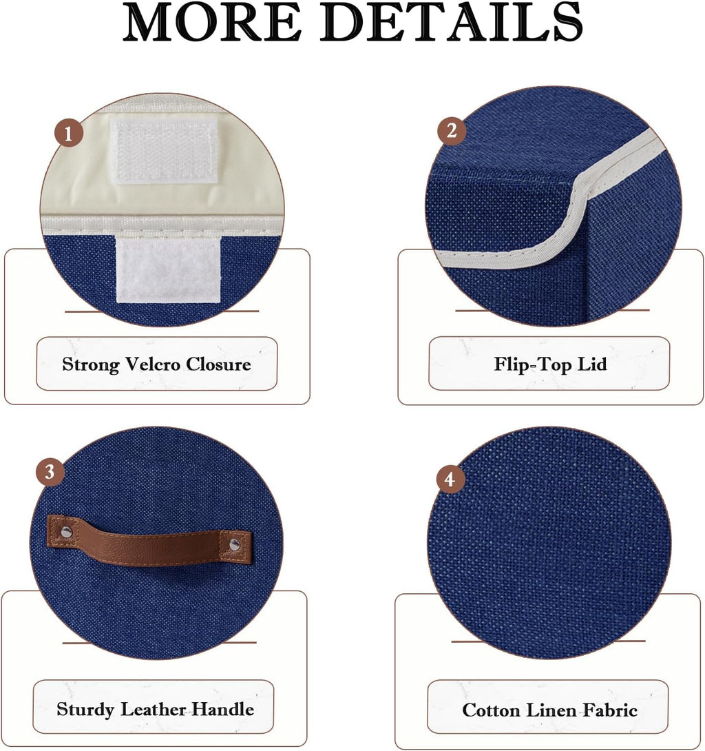 Collapsible Storage Boxes Baskets with Lid Cotton Linen Fabric Storage Bins with Faux Leather Handles Decorative Washable Cube Organizer Container for Home Closet Bedroom (Blue, Small Size)