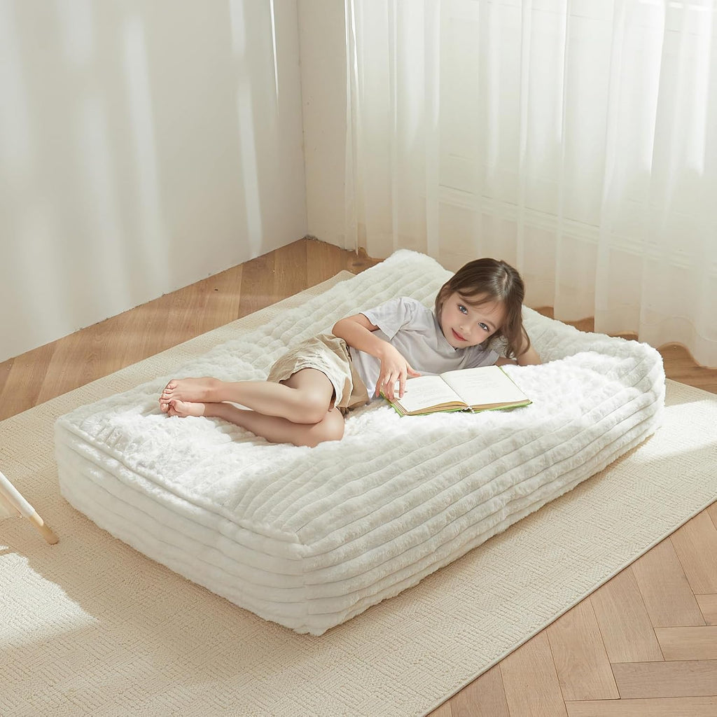 MAXYOYO Kids Bean Bag Chair Bed, Convertible Children Bean Chair to Floor Couch with Filler, Faux Fur Bean Bag Bed Stuffed Child Sofa Couch for Girl Boy, Beige Large