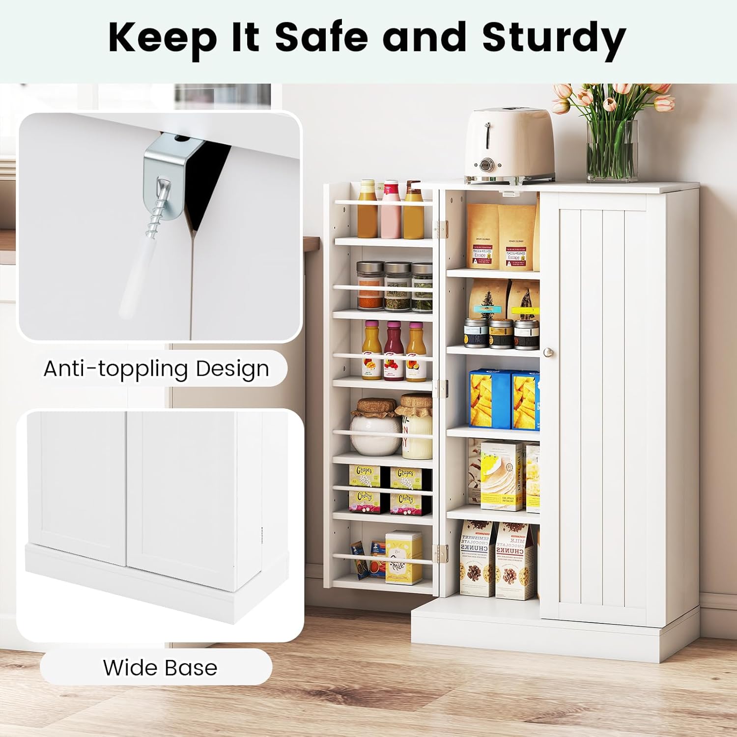 LOKO 41” Kitchen Pantry Cabinet, 5-Tier Storage Cabinet with 17 Shelves & 12 Guardrails, 3-Level Adjustable Shelves, Modern Food Cabinet with Anti-toppling Kit for Dining Room, Living Room (White)