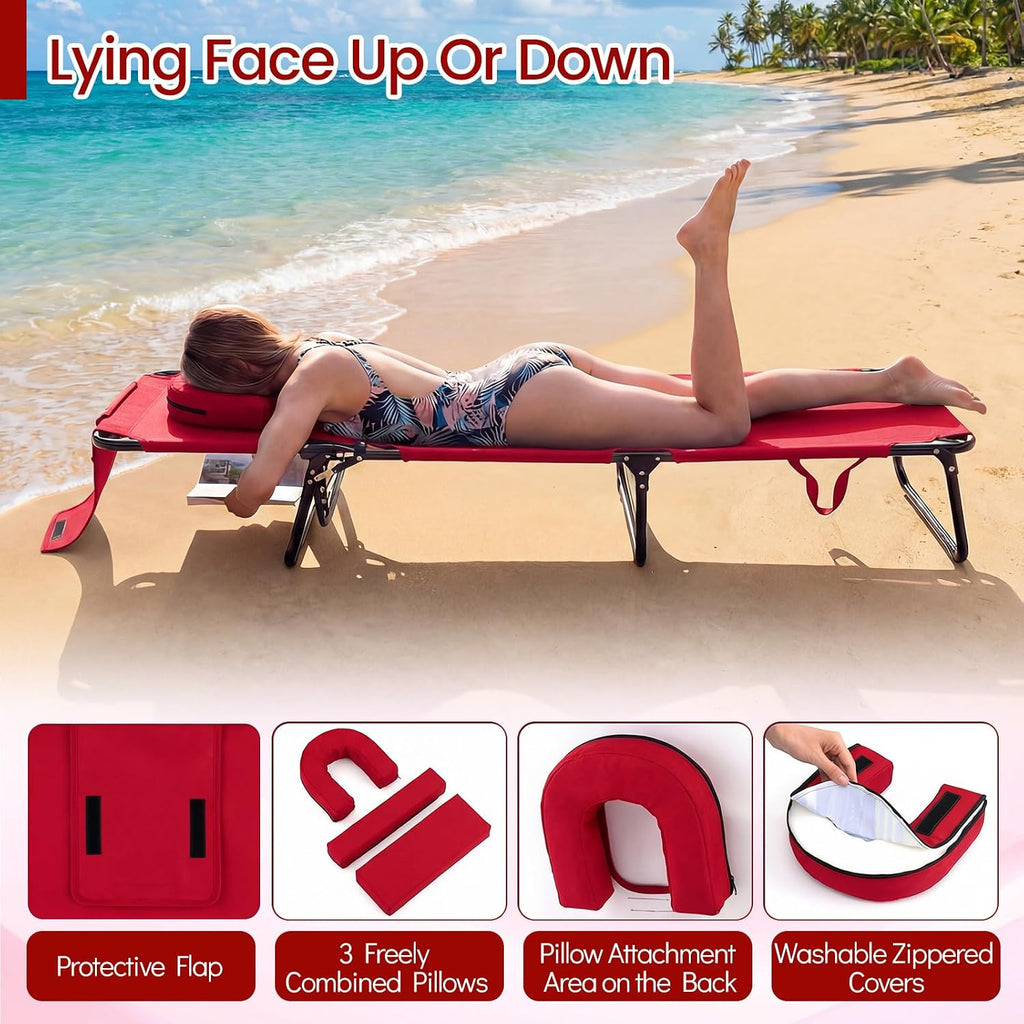DREAMADE Tanning Chair, Adjustable Beach Lounge Chair w/Face Hole, Pillows, 4-Position Backrest & Footrest, Supports 330 lbs, Outdoor Lounge Chairs for Patio Lawn Camping, Red